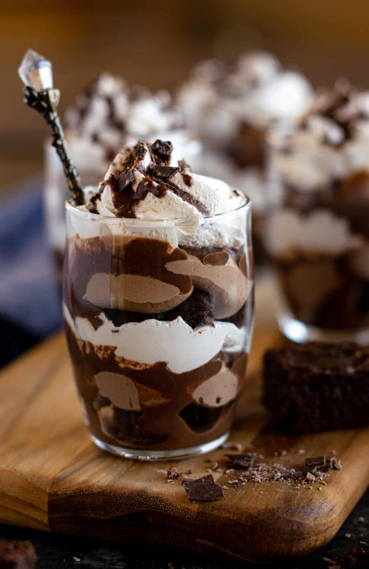 Brownie trifle served with a spoon. 