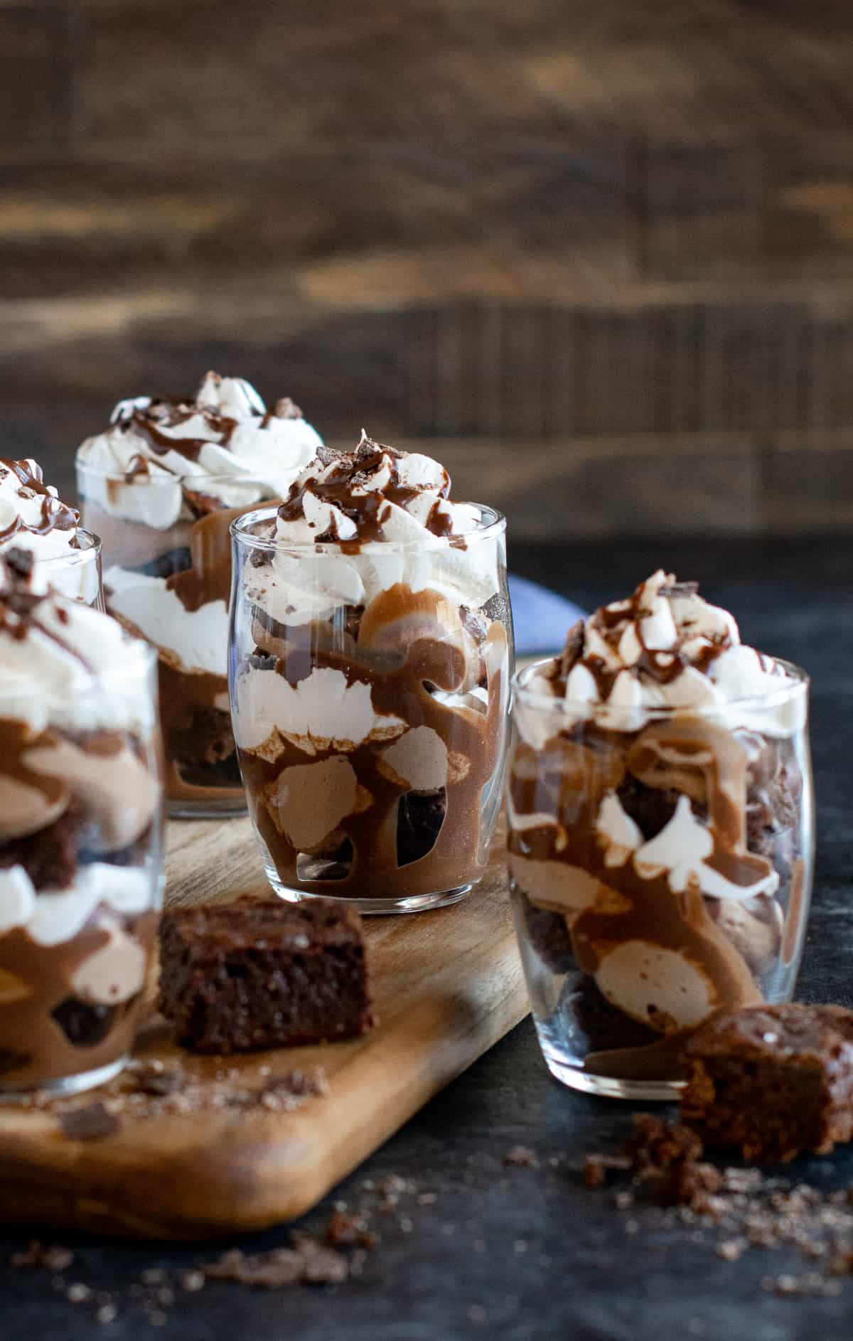 Brownie trifle layered with mousse.